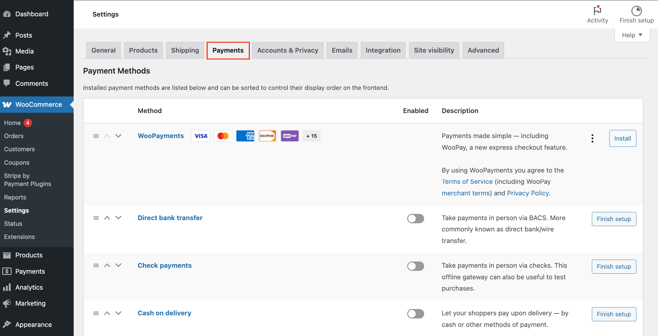 Payment settings in WooCommerce