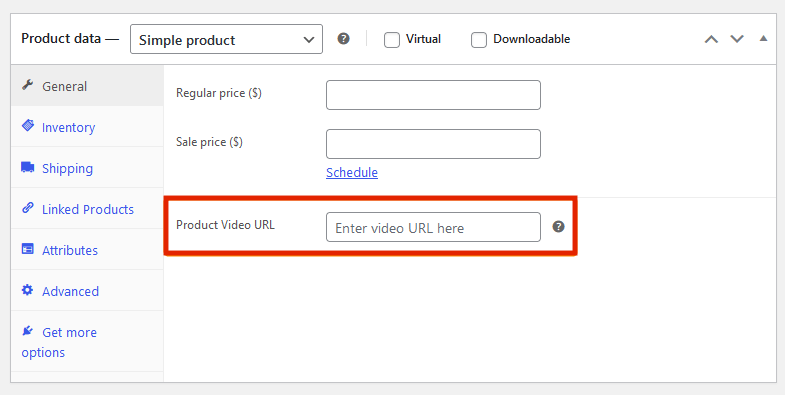 Product Video URL field in the product general settings