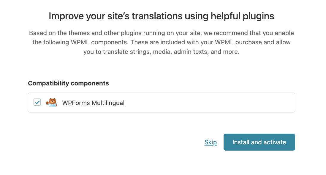 WPML prompt recommending relevant components such as WPForms Multilingual