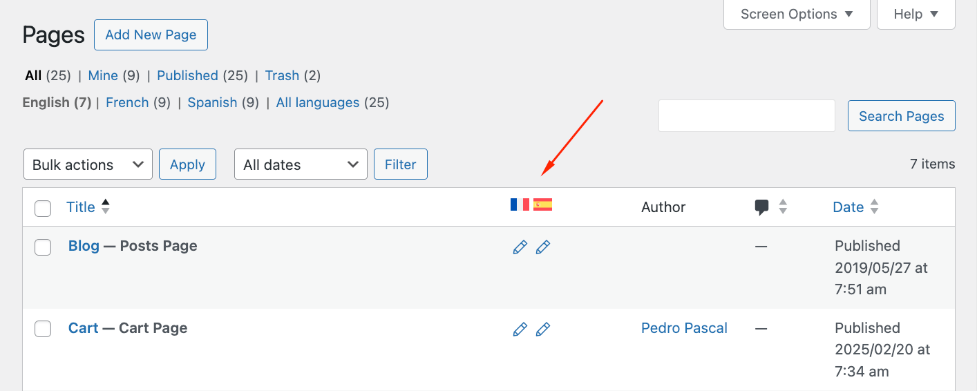 Pages list table with special columns for the translated pages