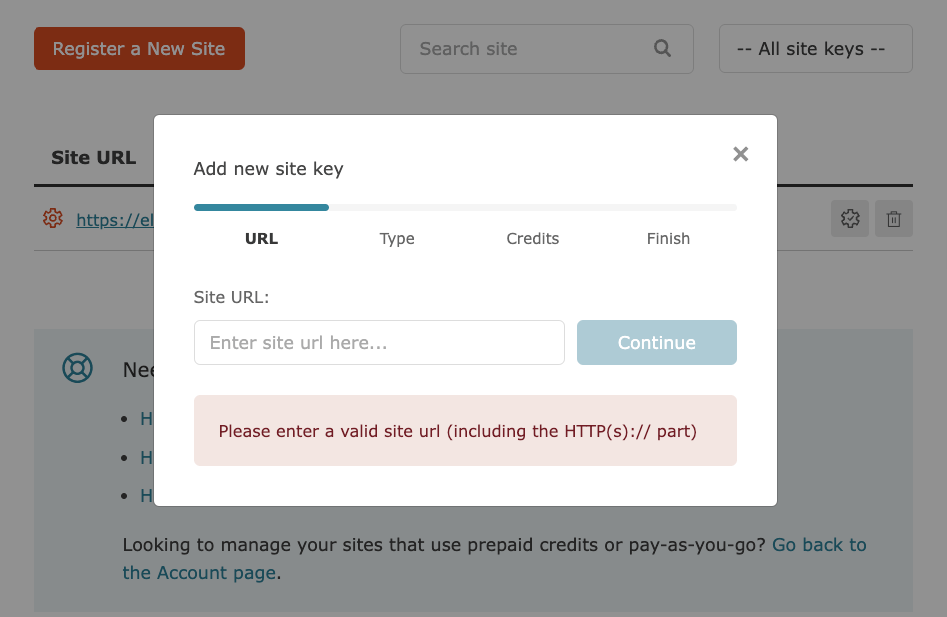 Entering a new site key in WPML