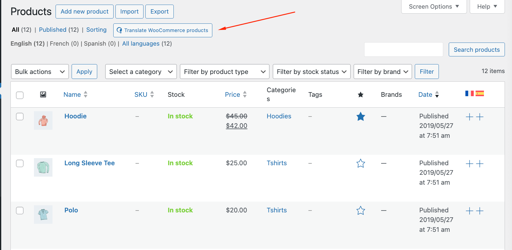 “Translate WooCommerce products” button in the Products list table