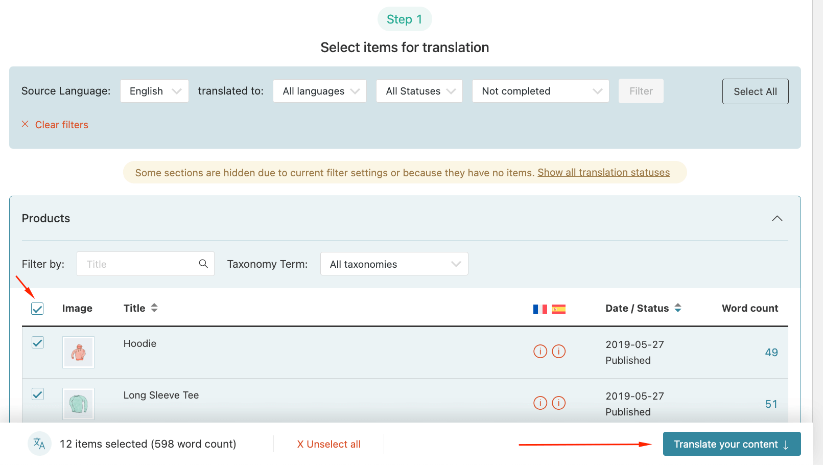 Selecting products to translate in the WPML translation dashboard 