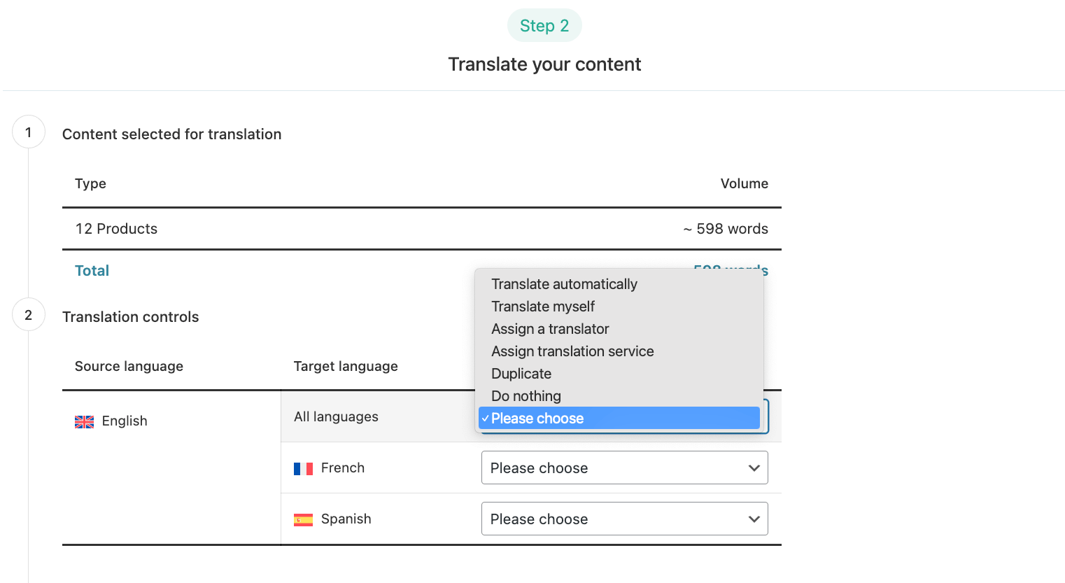 Choosing the method of translation for each language