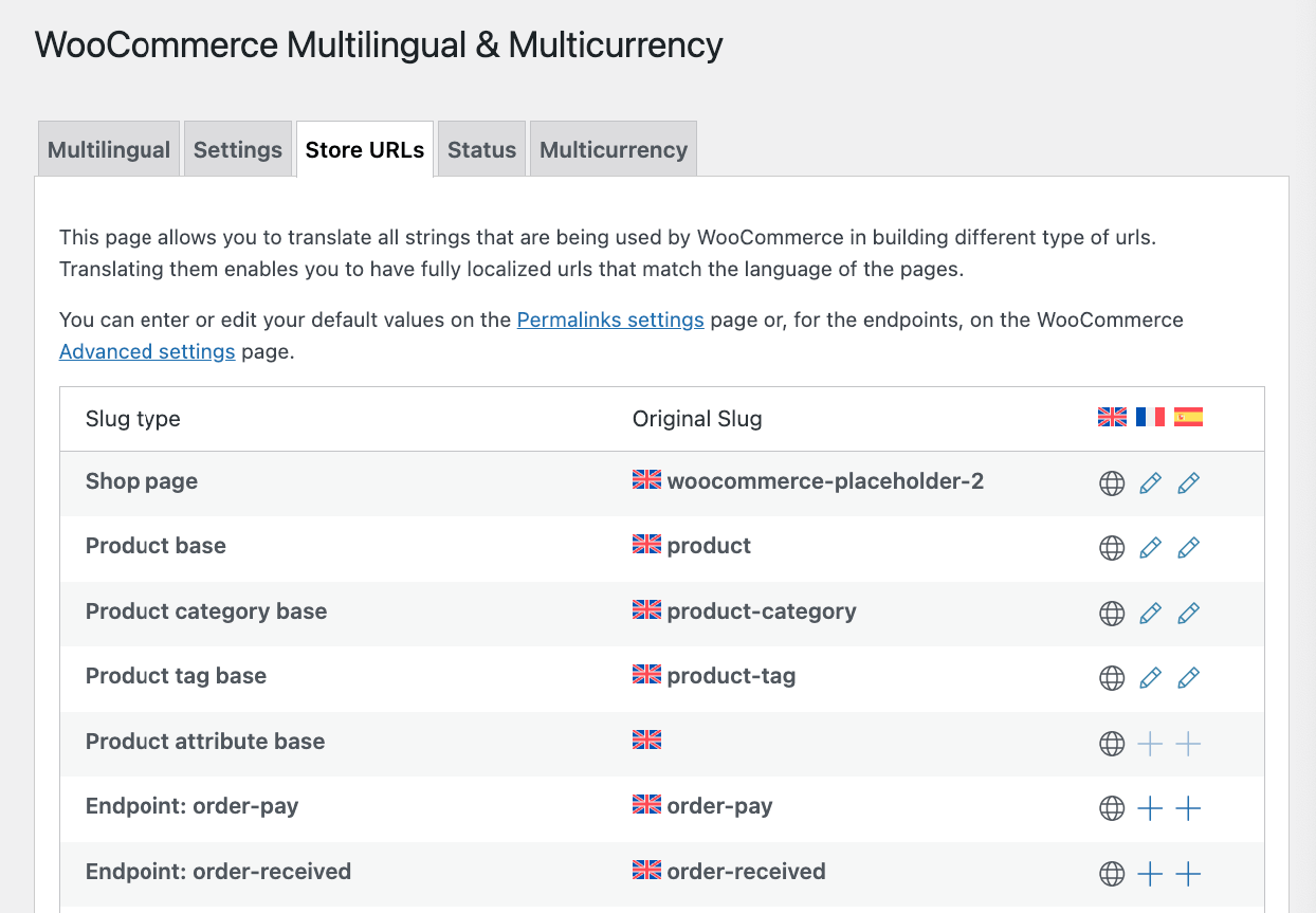 Store URLs tab in the WooCommerce Multilingual & Multicurrency settings