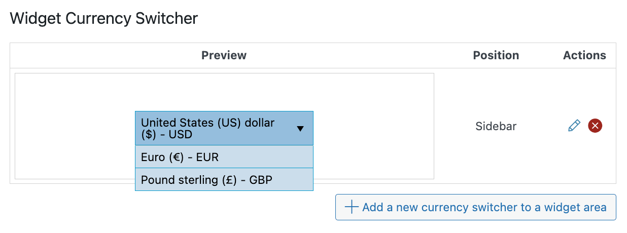 Adding a widget currency switched to the sidebar