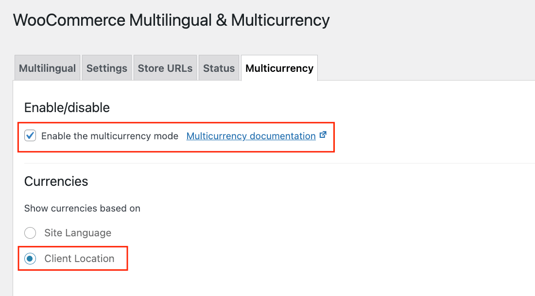 Enabling multicurrency mode based on client location