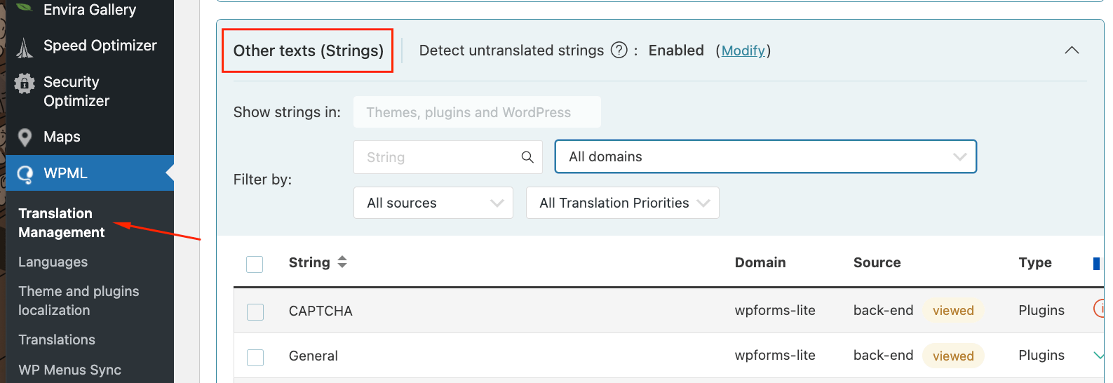 WPML Translation Management dashboard – “Other texts (Strings)” 