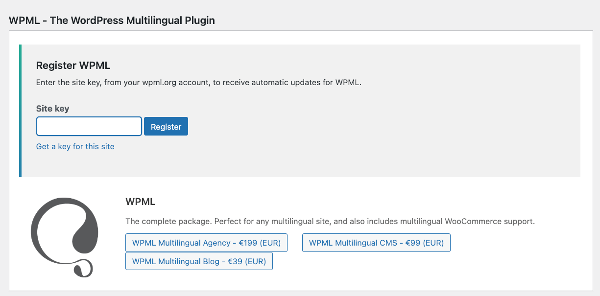 Inserting a site key to register WPML