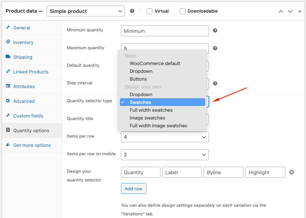 10 – Choosing a quantity selector type with swatches