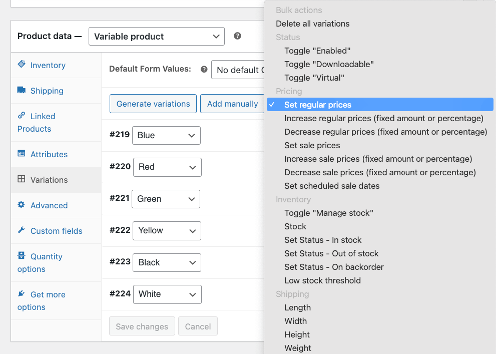 3 – Bulk set regular prices for variations 