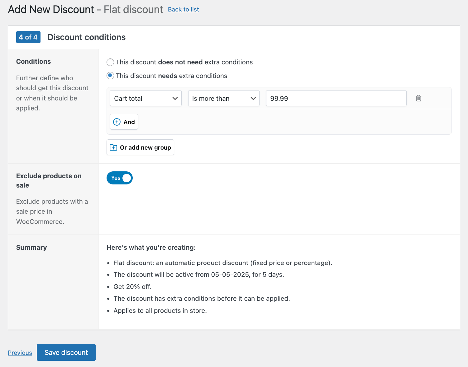 Adding a cart total condition to a discount and excluding items already on sale