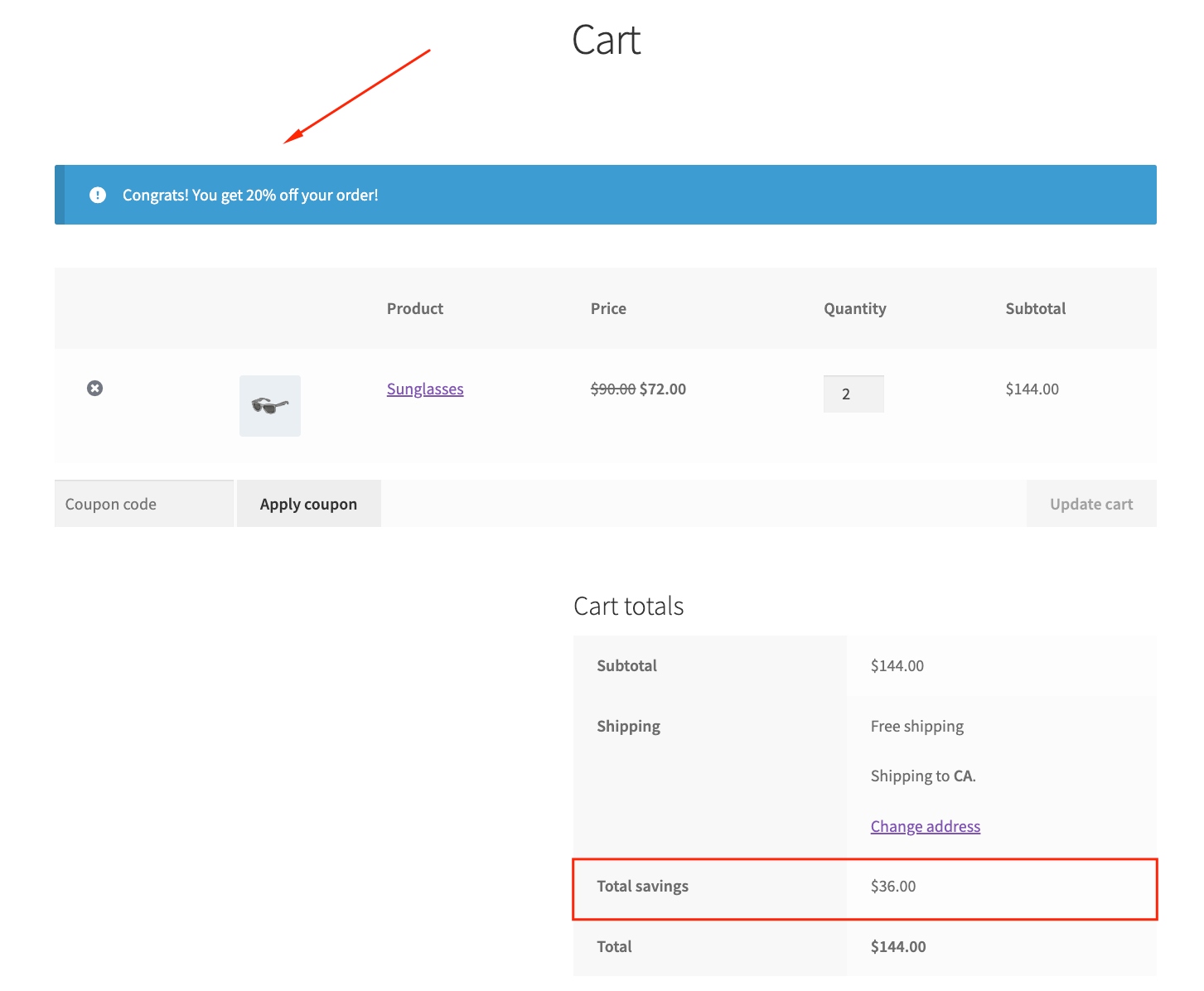 Discount message in cart and total savings after reaching the threshold