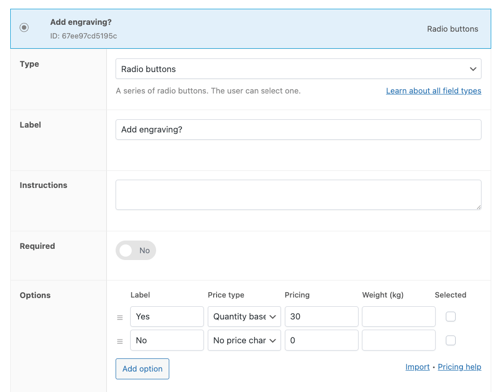 8-Add a radio button custom field to choose engraving