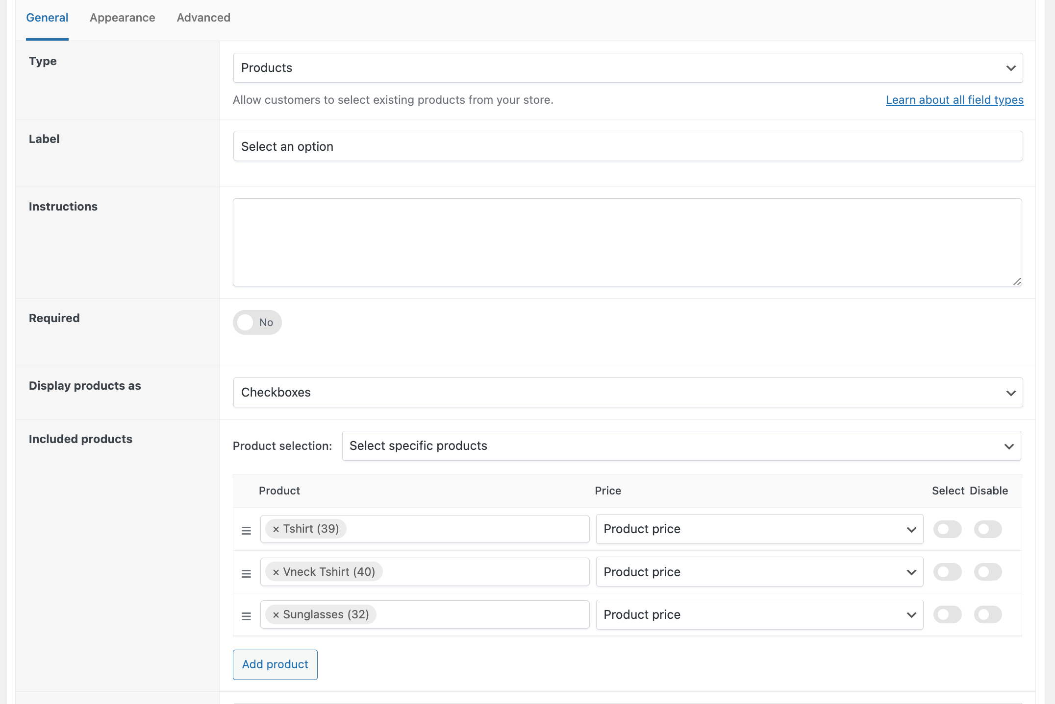 Products field type configuration in APF