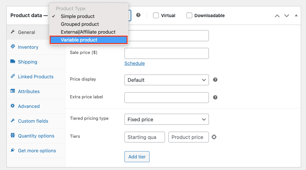 13 – Choose the variable product type in the product data tab