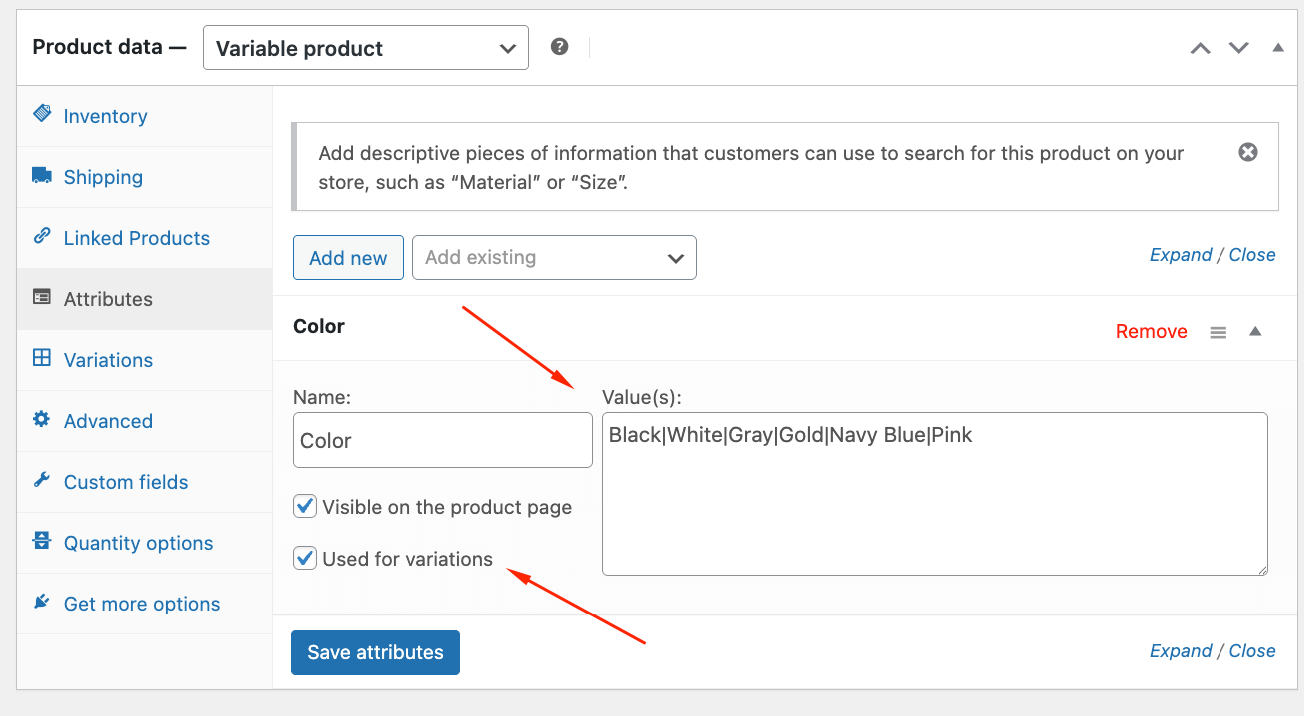 14 – Create color attributes for a variable product
