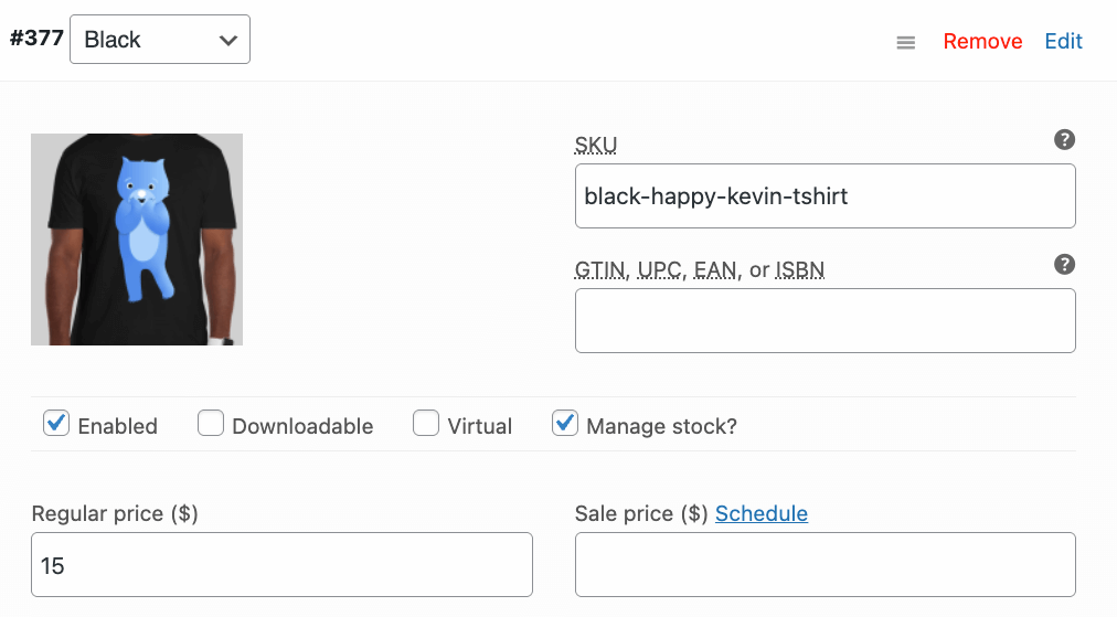16 – Add SKU, image, and regular price for a product variation
