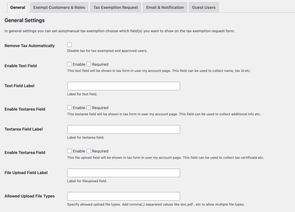 2 – Tax Exempt plugin general settings