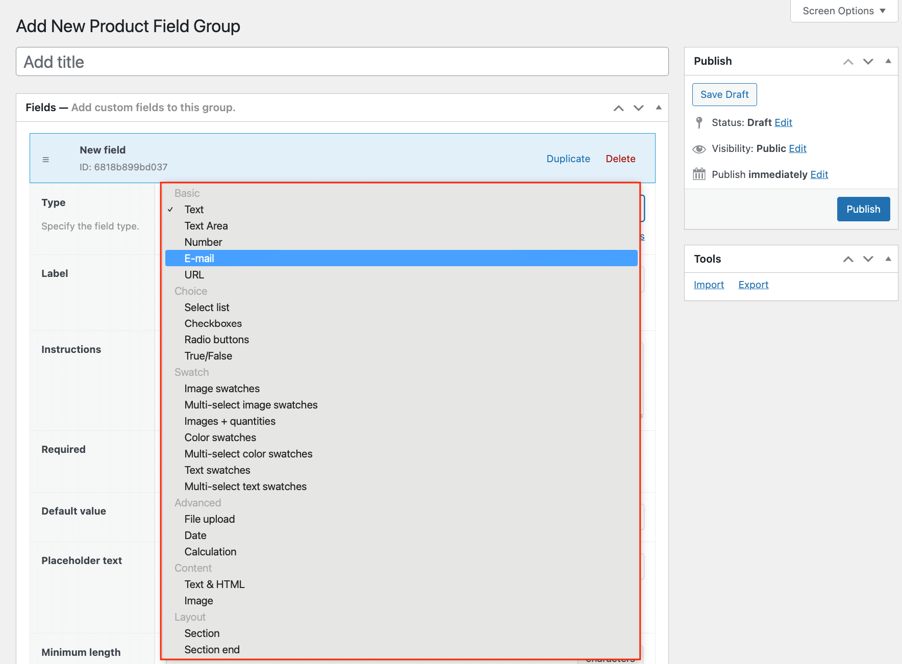 23 – Choose from 23 product field types