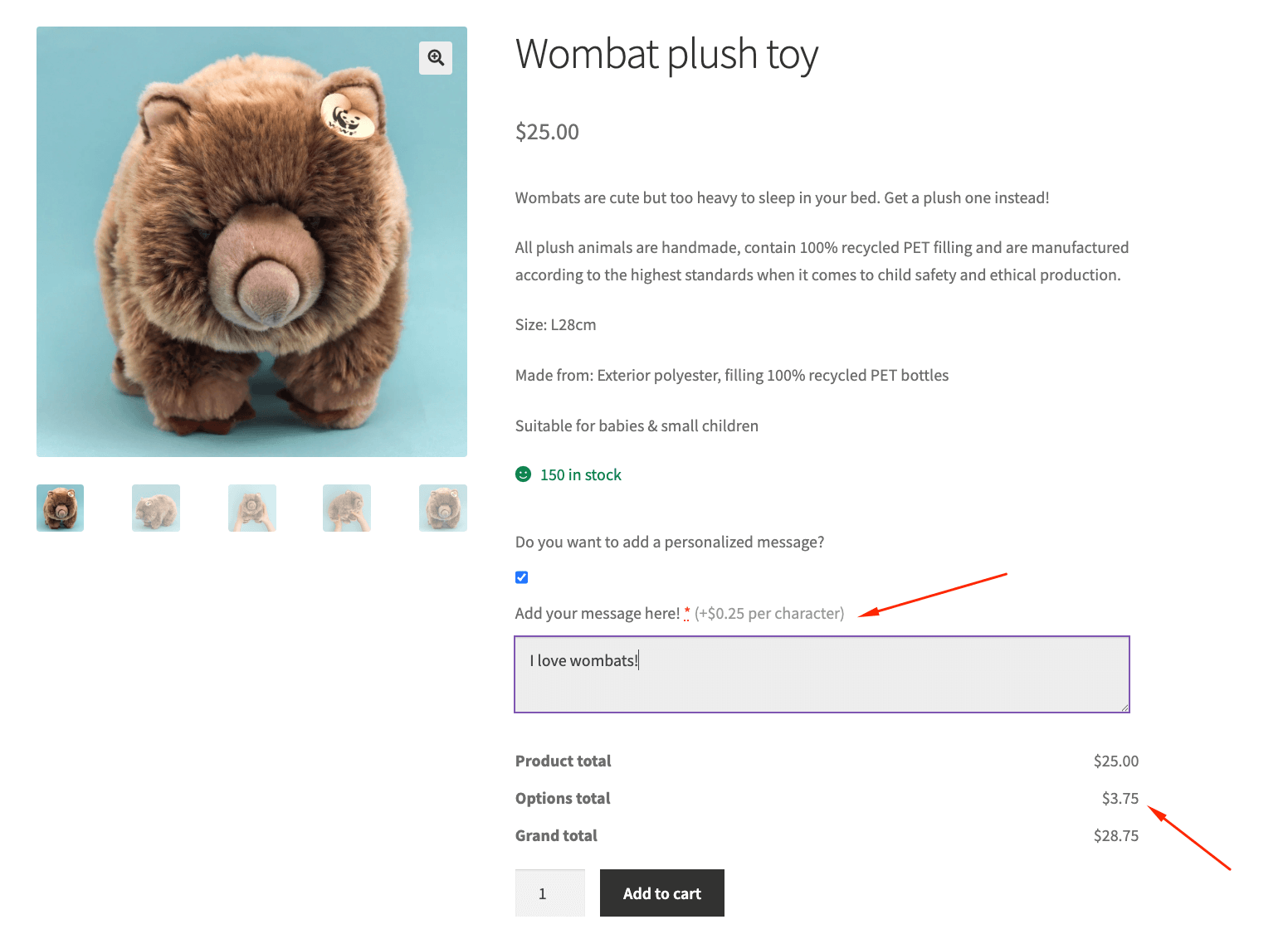29 – Adjusted price for a simple product with a personalized message