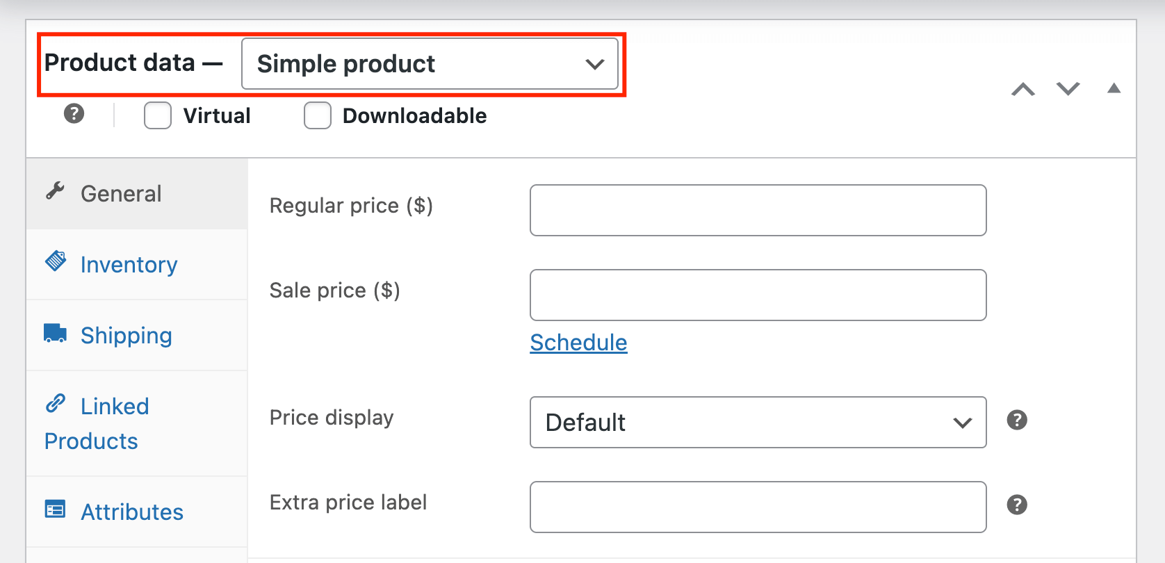 4 – Choosing a simple product type in the product data field