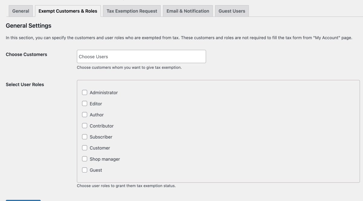 6 – Exempt Customers and Roles settings