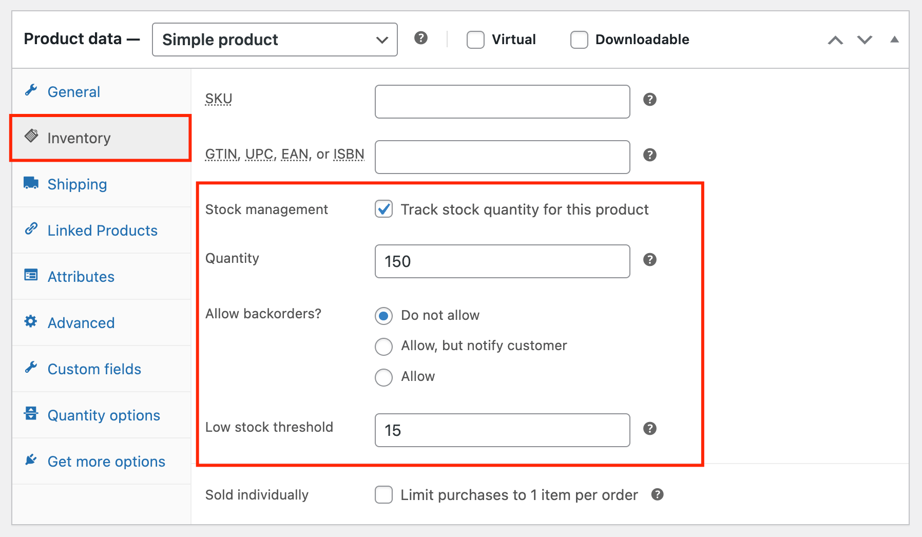 6 – Adjusting the inventory settings for a simple product