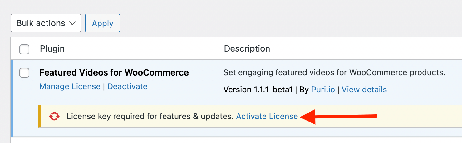 active license of the Features Video plugin for WooCommerce