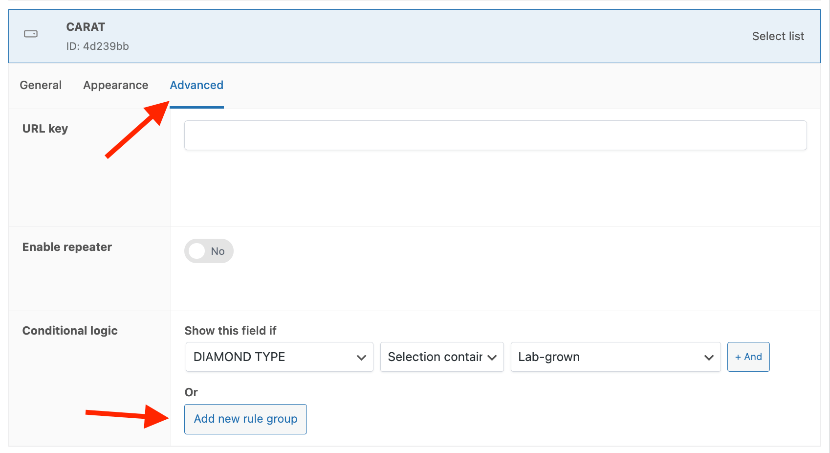 Conditional logic for the "carat" field