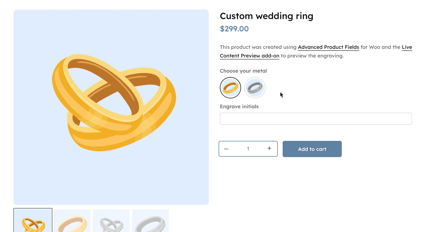Demo of jewelry engraving in WooCommerce with Advanced Product Fields