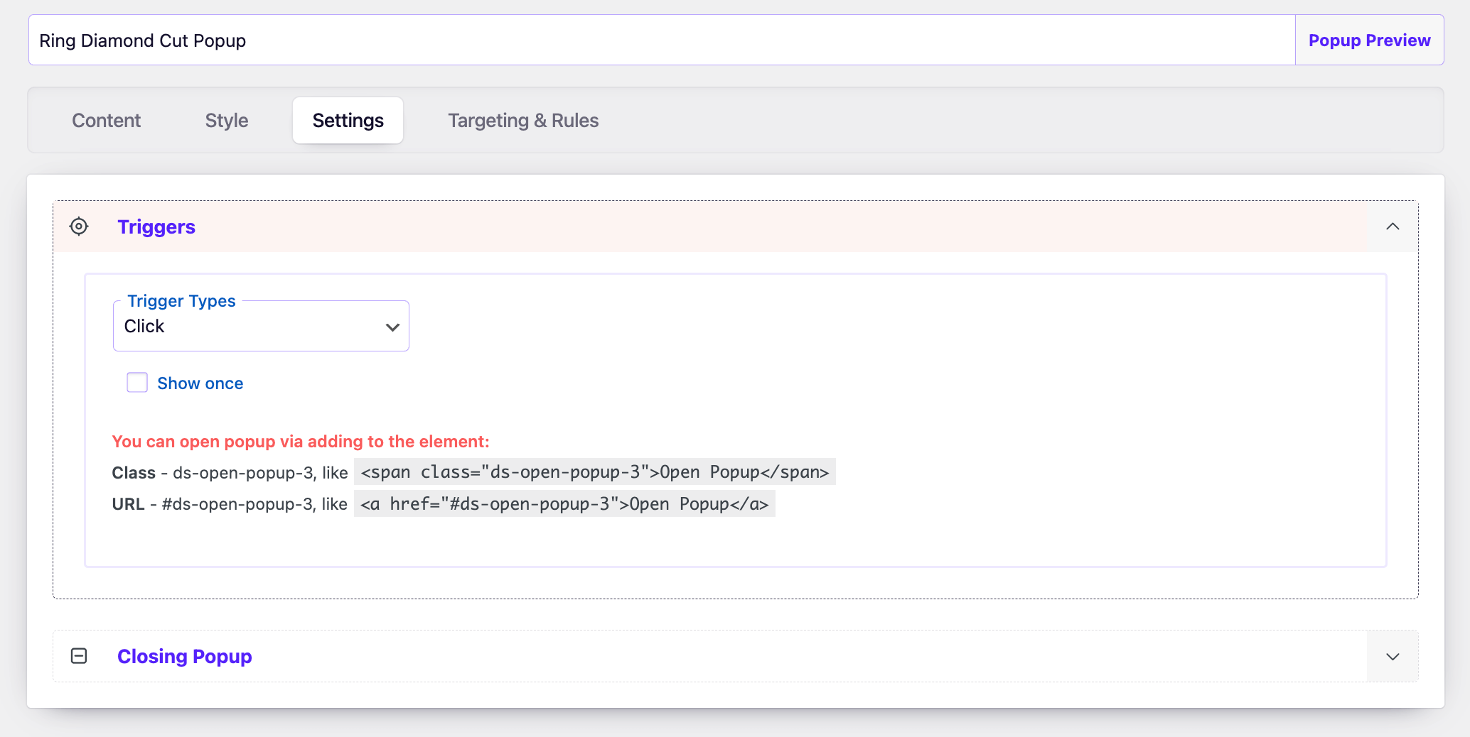 Popup Box plugin trigger settings