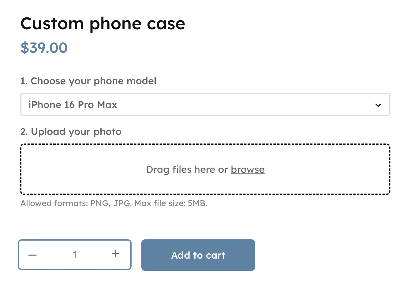 WooCommerce product page with options to select a phone model and upload an image