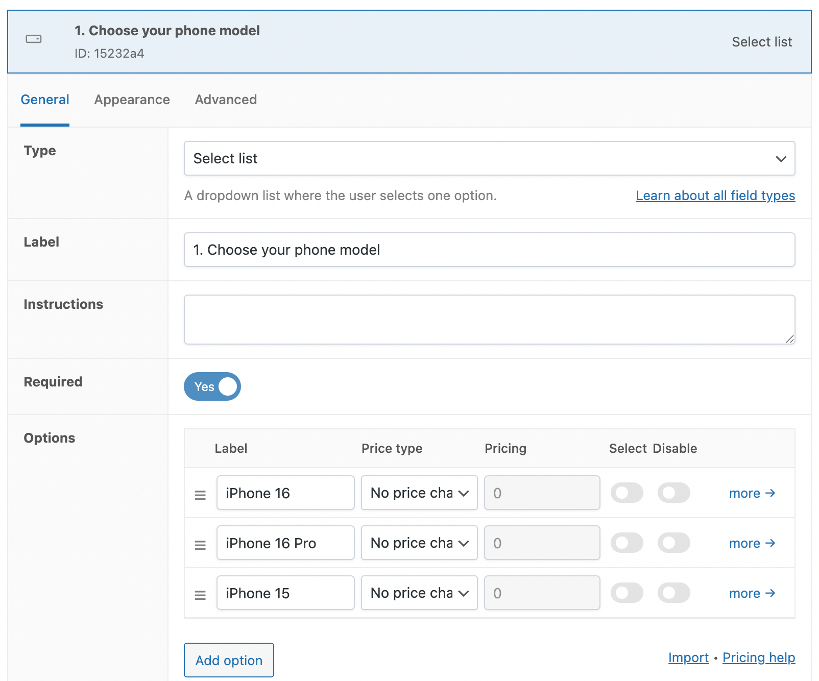 Settings in the WooCommerce backend for the "Choose your phone model" option.