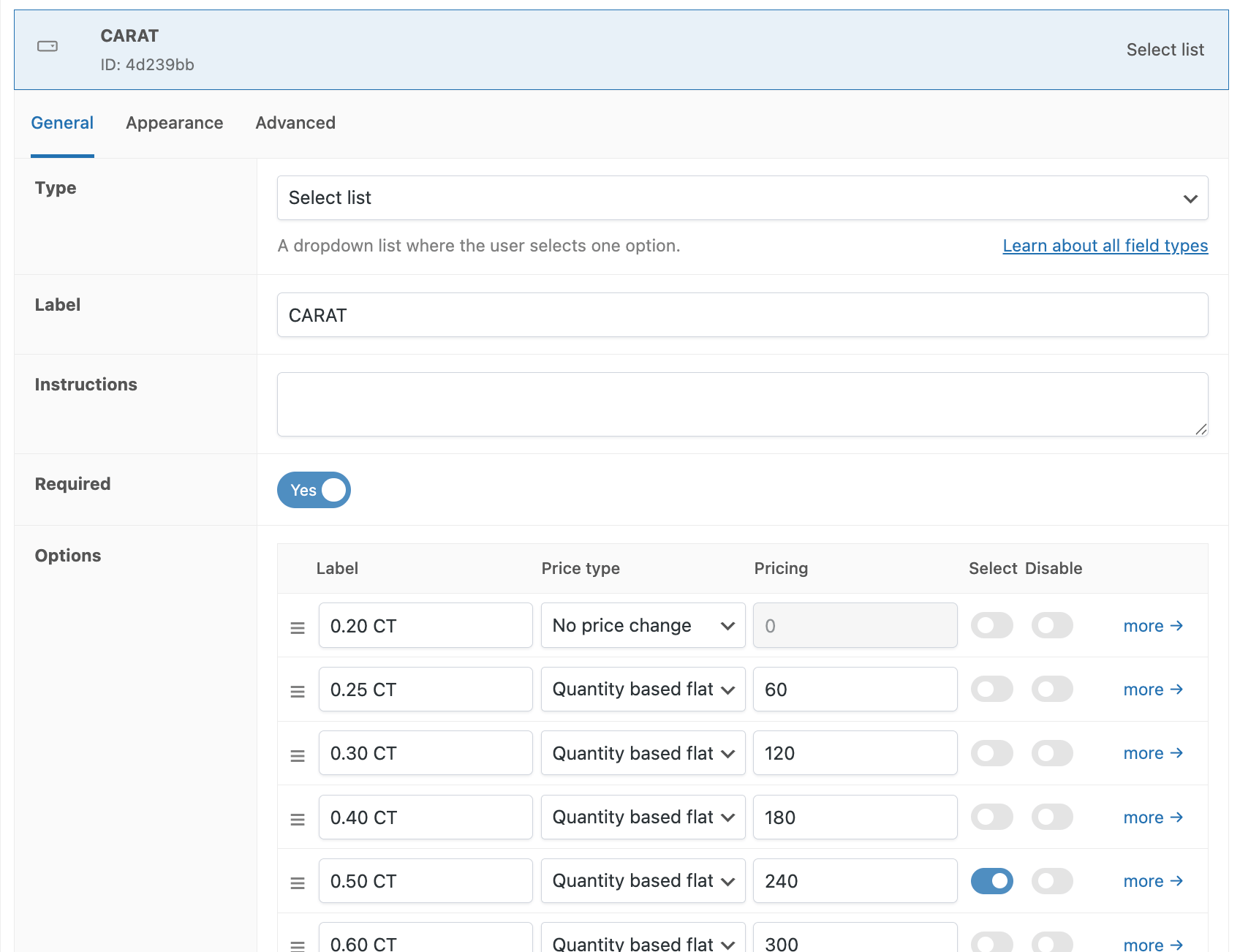 WooCommerce custom ring product - Carat backend settings