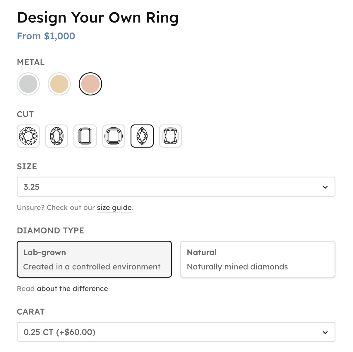 A demo of a customizable ring product in WooCommerce
