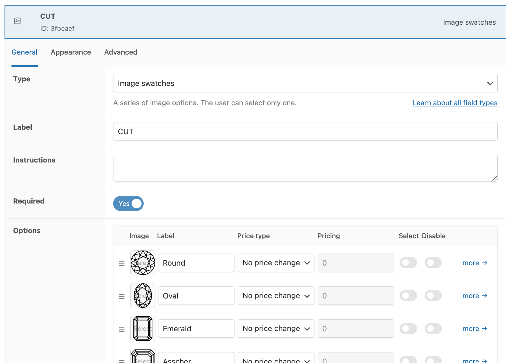 Ring cut (shape) settings in the WooCommerce backend
