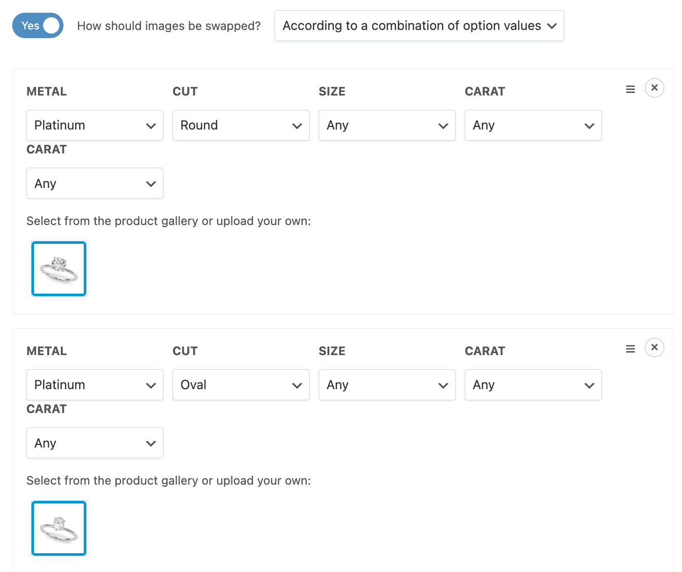 Image changing rules in the WooCommerce backend for the "custom ring builder" product