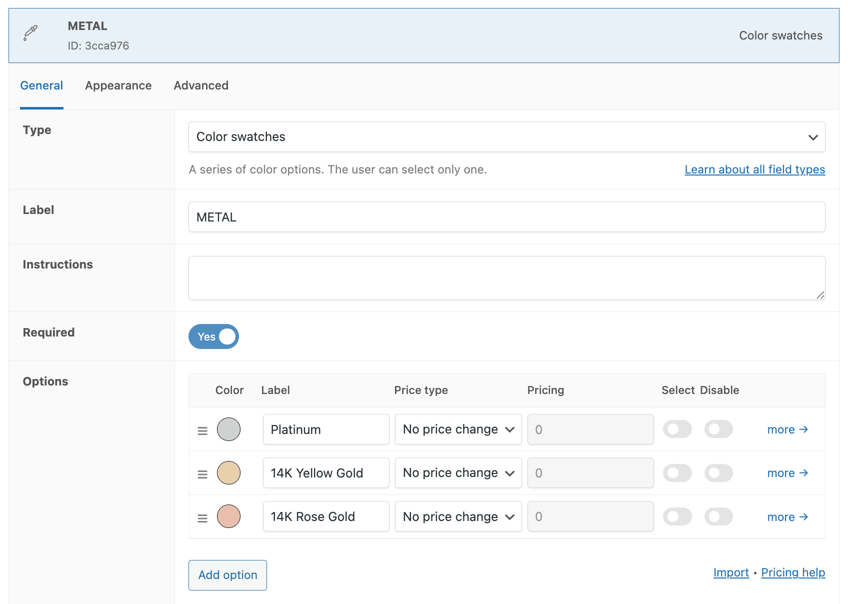 Ring metal type settings in the WooCommerce backend