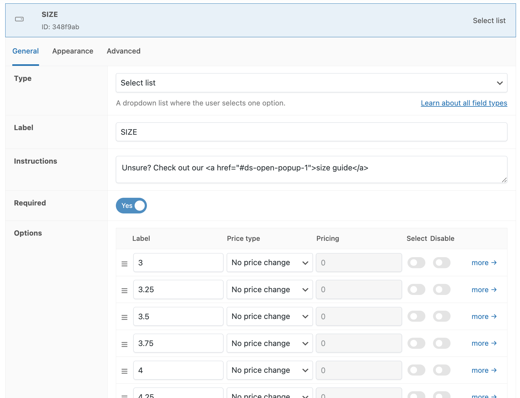 Backend configuration for the "Ring Size" option of our WooCommerce product