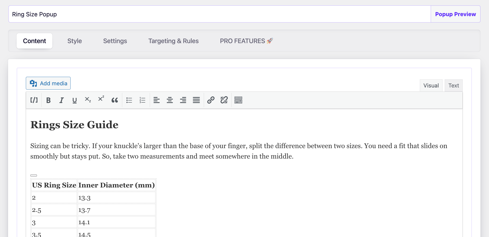Popup content settings for the "ring size" informational popup