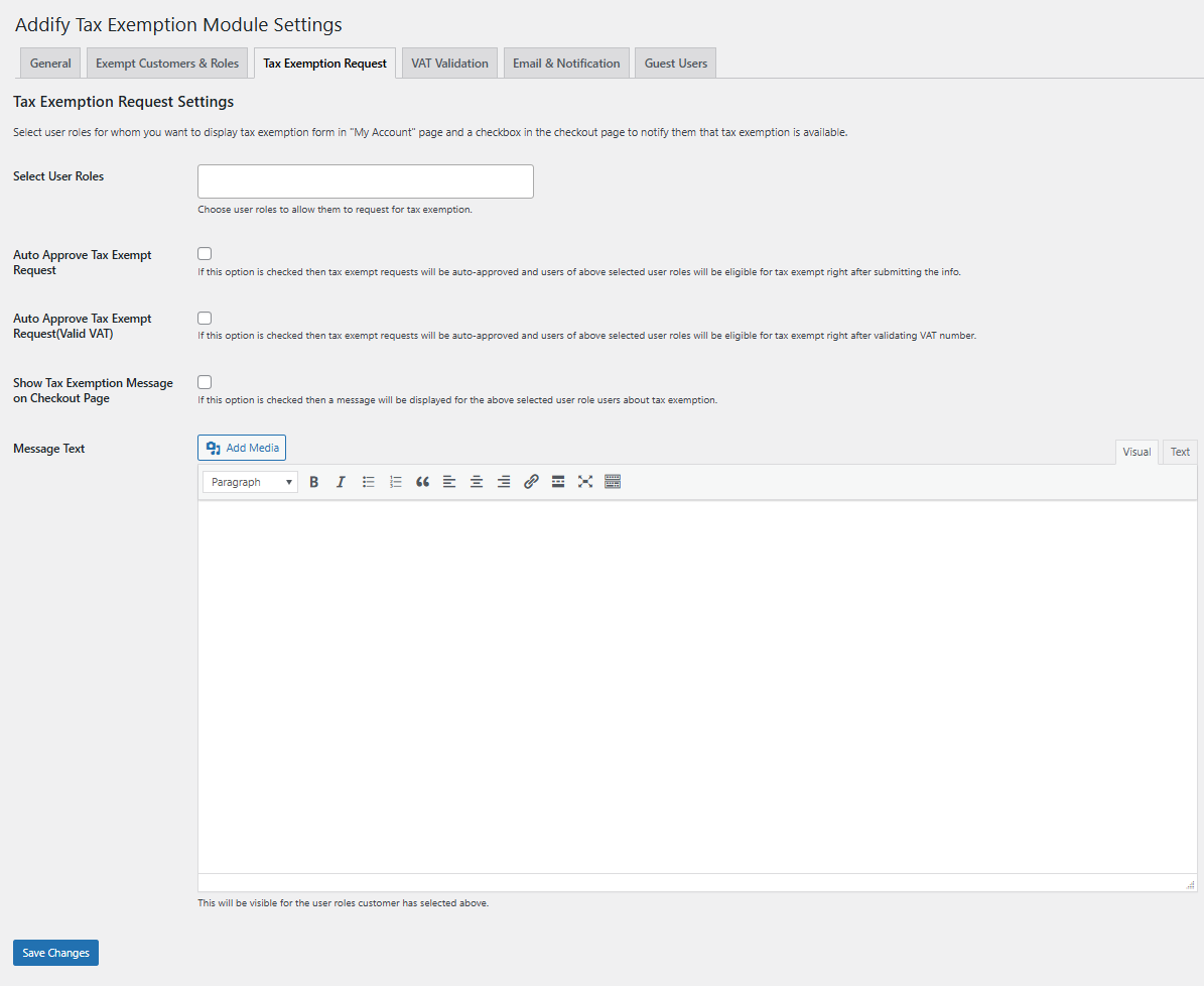 Tax exemption request settings in WooCommerce