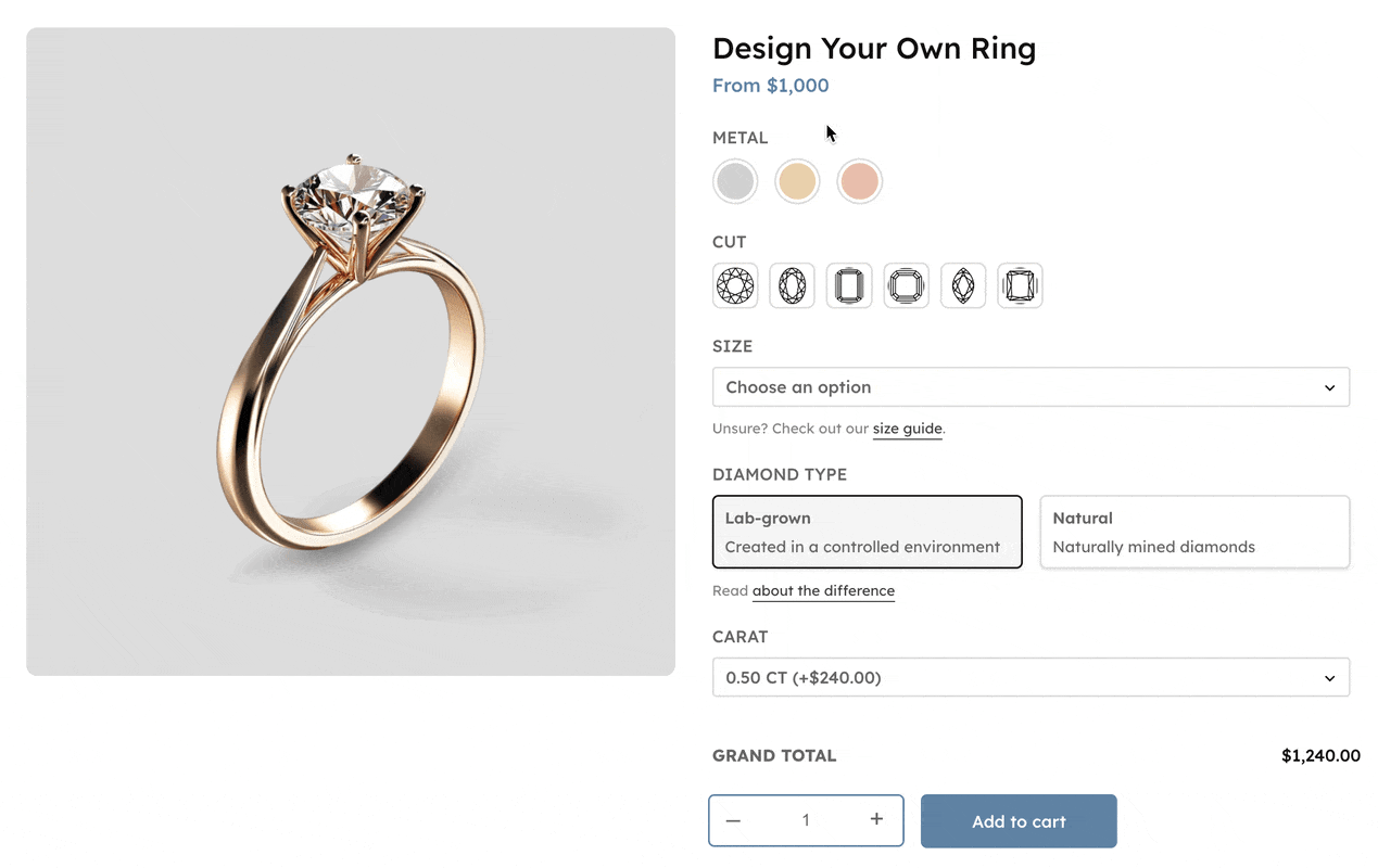 Demo of a "design your own" ring in WooCommerce