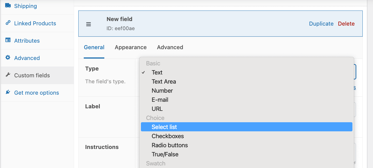 12 – Product field types dropdown menu