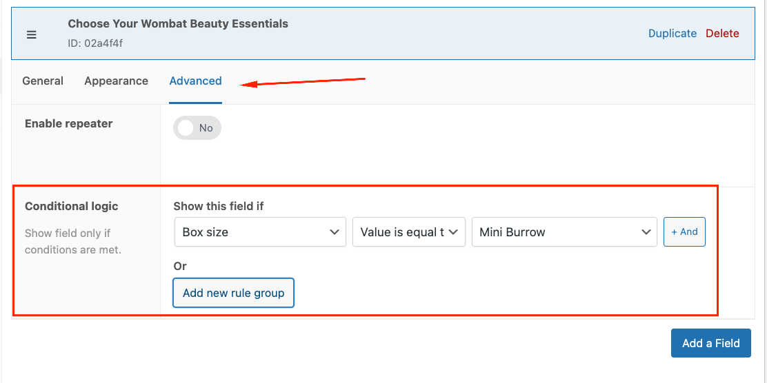 18 – Adding a conditional logic rule to a product field