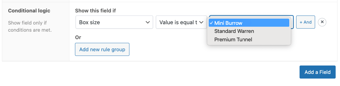 19 – Showing the conditional logic dropdown menu for rules