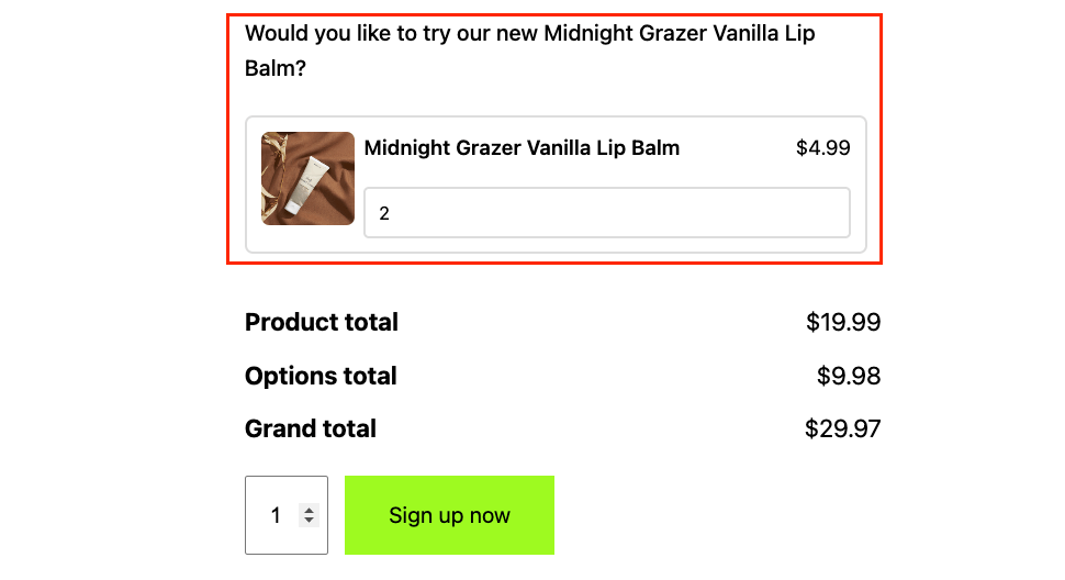 24 – How an upsell with the Products field looks like on the front end