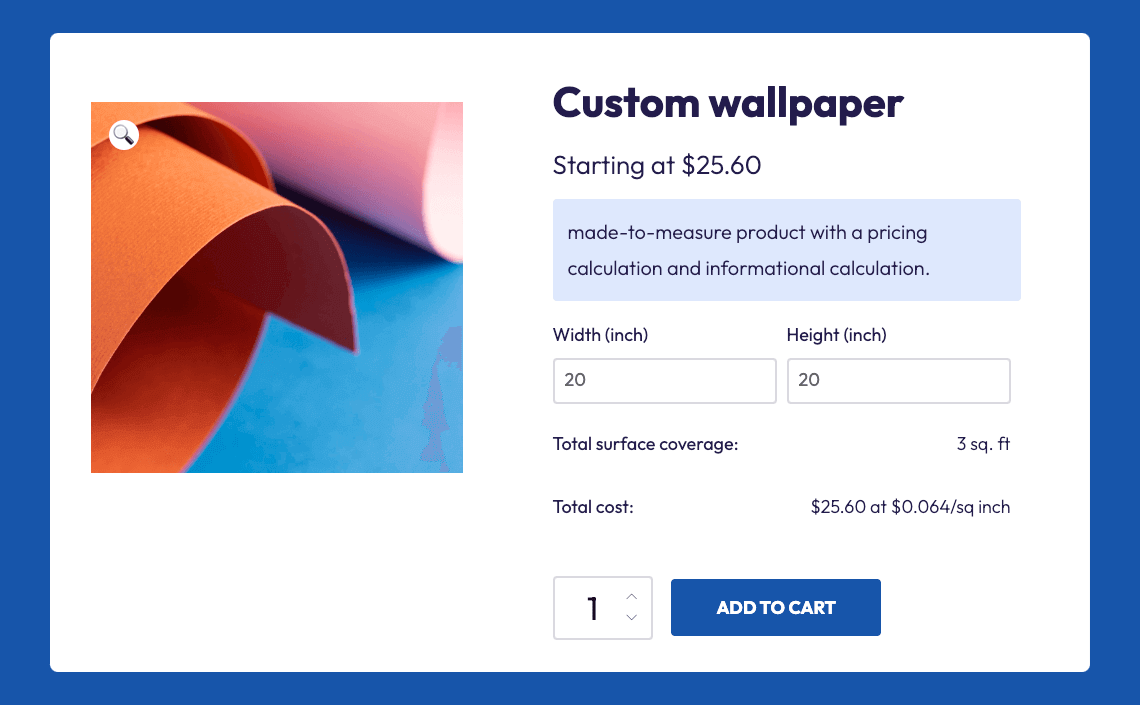4 – Example of a product that uses complex formula pricing with custom measurements