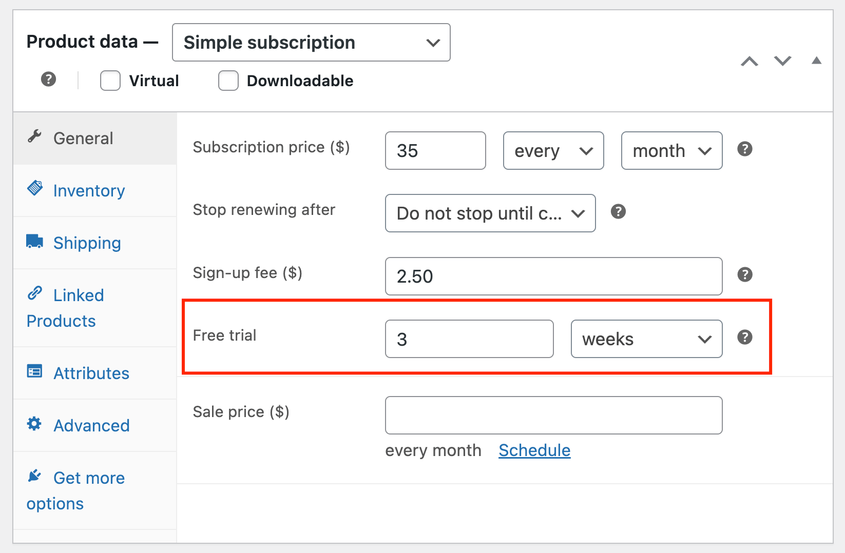 6 – Free trial settings for a simple subscription