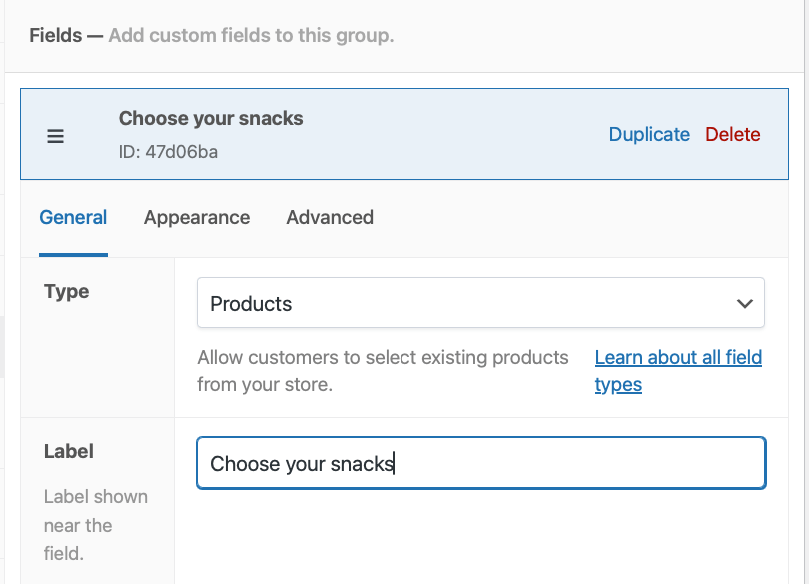 Choosing the Products field and giving it a label